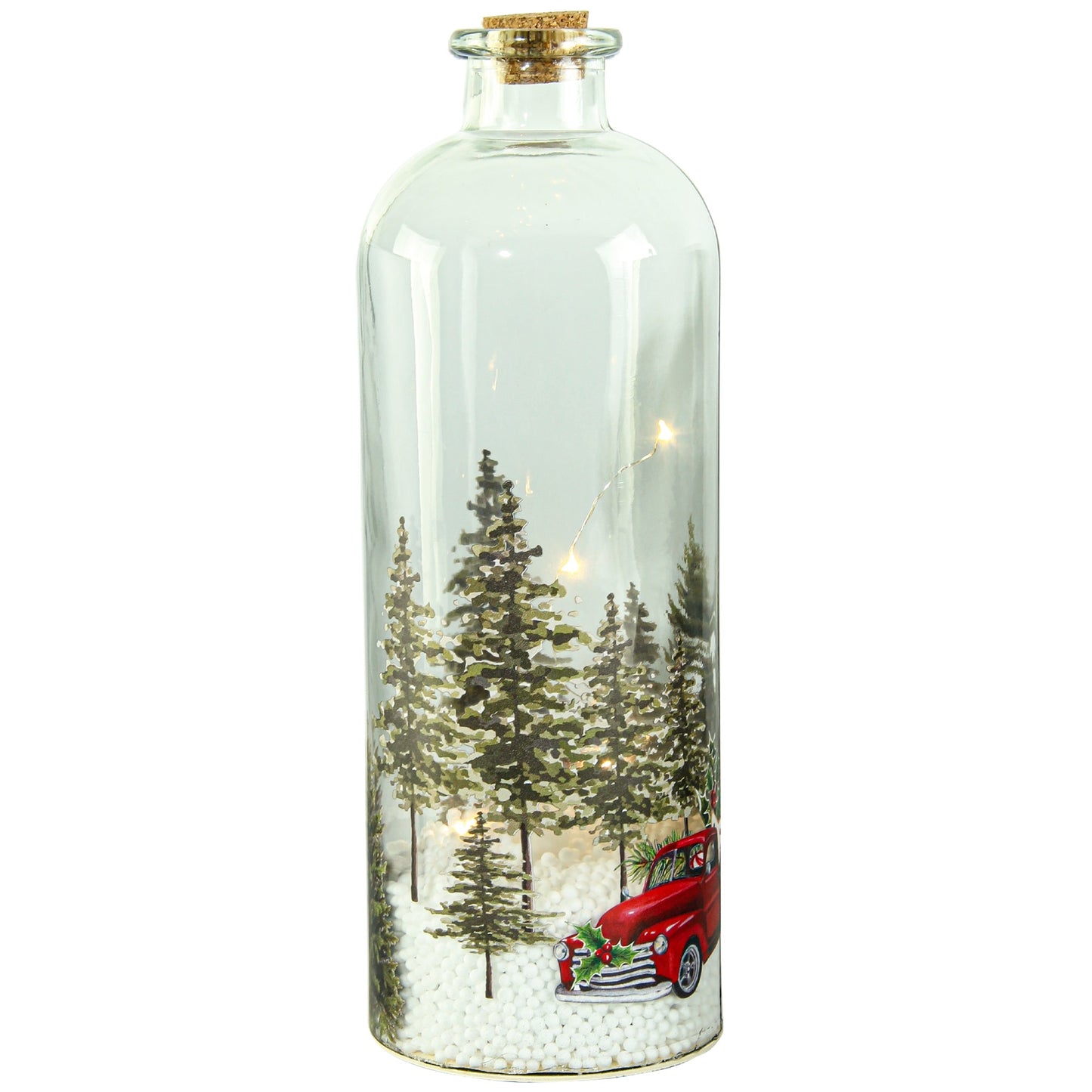 Christmas Home Decor, lighted glass bottle BLOWING SNOW W/ RED TRUCK 4.3x4.3x13 IN