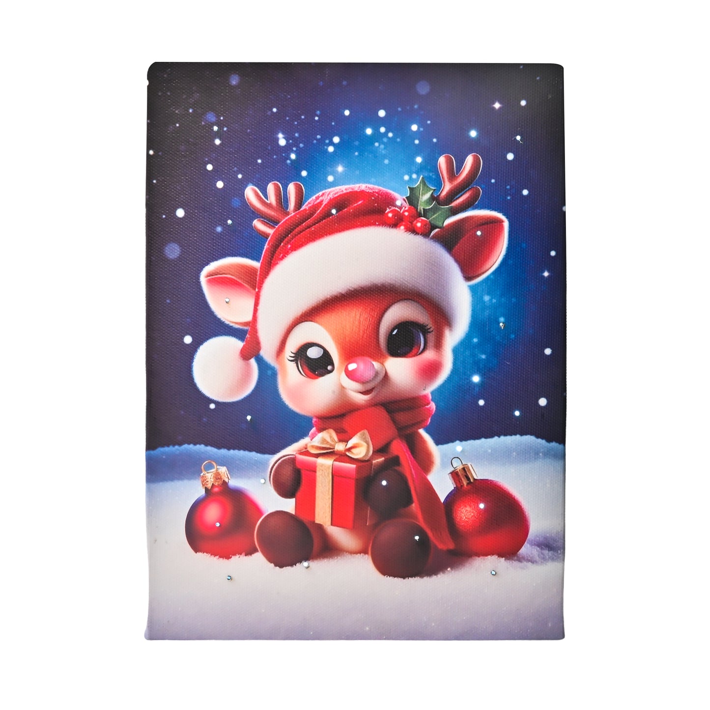 DEMAGNNIE Small Lighted Christmas Pictures Wall Decor w/Timer, Reindeer Baby LED Canvas Portrait Art w/Stand for Tabletop Decor, Fiber-optic Twinkle Lighted Deer Print, Children Cute Christmas Gifts