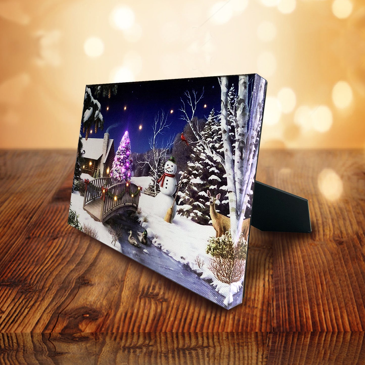 Snowman Lighted Canvas Tabletop Wall Art Print w Timer, Optical Fiber LED Canvas Wall Art Light Up Pictures, Christmas Tree Snowy Landscapes Home Decor