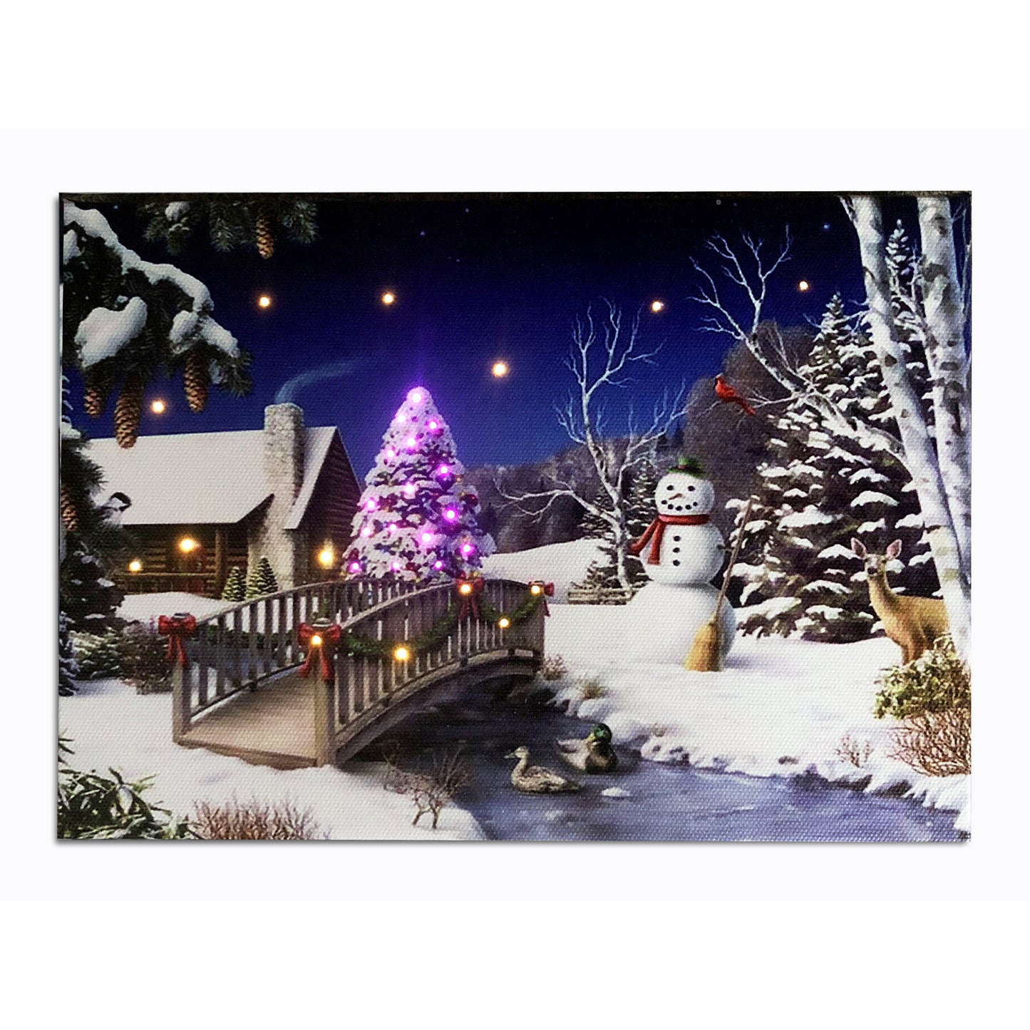 Snowman Lighted Canvas Tabletop Wall Art Print w Timer, Optical Fiber LED Canvas Wall Art Light Up Pictures, Christmas Tree Snowy Landscapes Home Decor