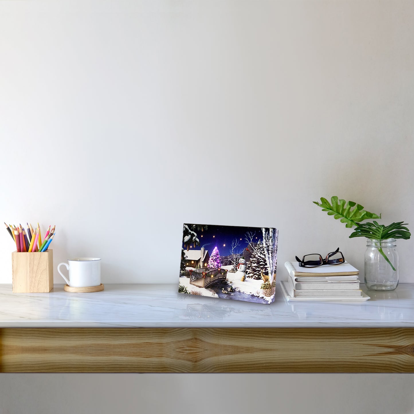 Snowman Lighted Canvas Tabletop Wall Art Print w Timer, Optical Fiber LED Canvas Wall Art Light Up Pictures, Christmas Tree Snowy Landscapes Home Decor