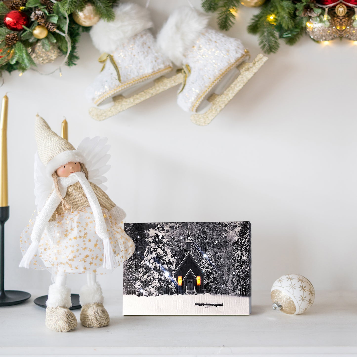 Snowy Forest LED Lighted Canvas Tabletop Print w Timer, Optical-fiber Canvas Wall Art Lighted Pictures for Home Decoration