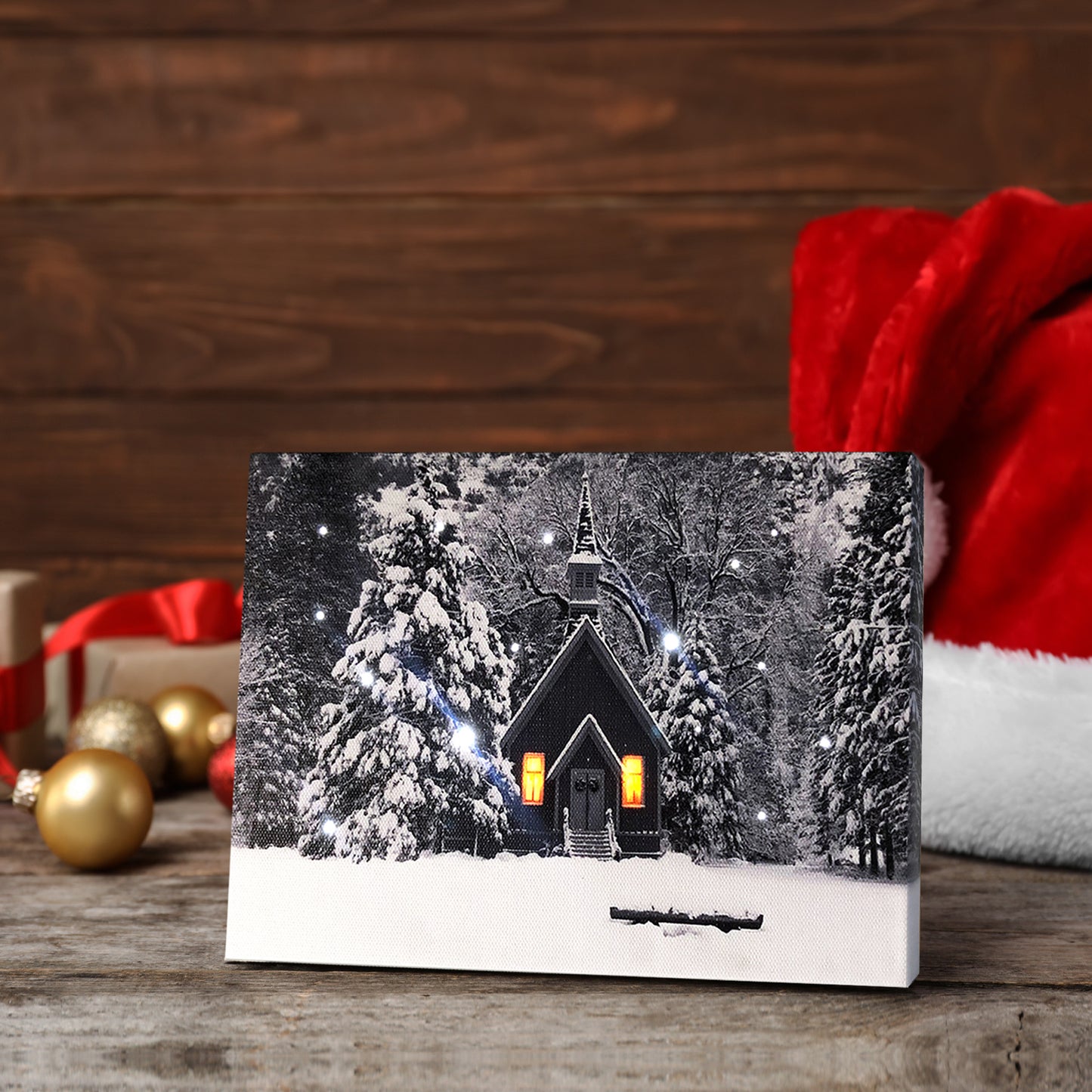 Snowy Forest LED Lighted Canvas Tabletop Print w Timer, Optical-fiber Canvas Wall Art Lighted Pictures for Home Decoration