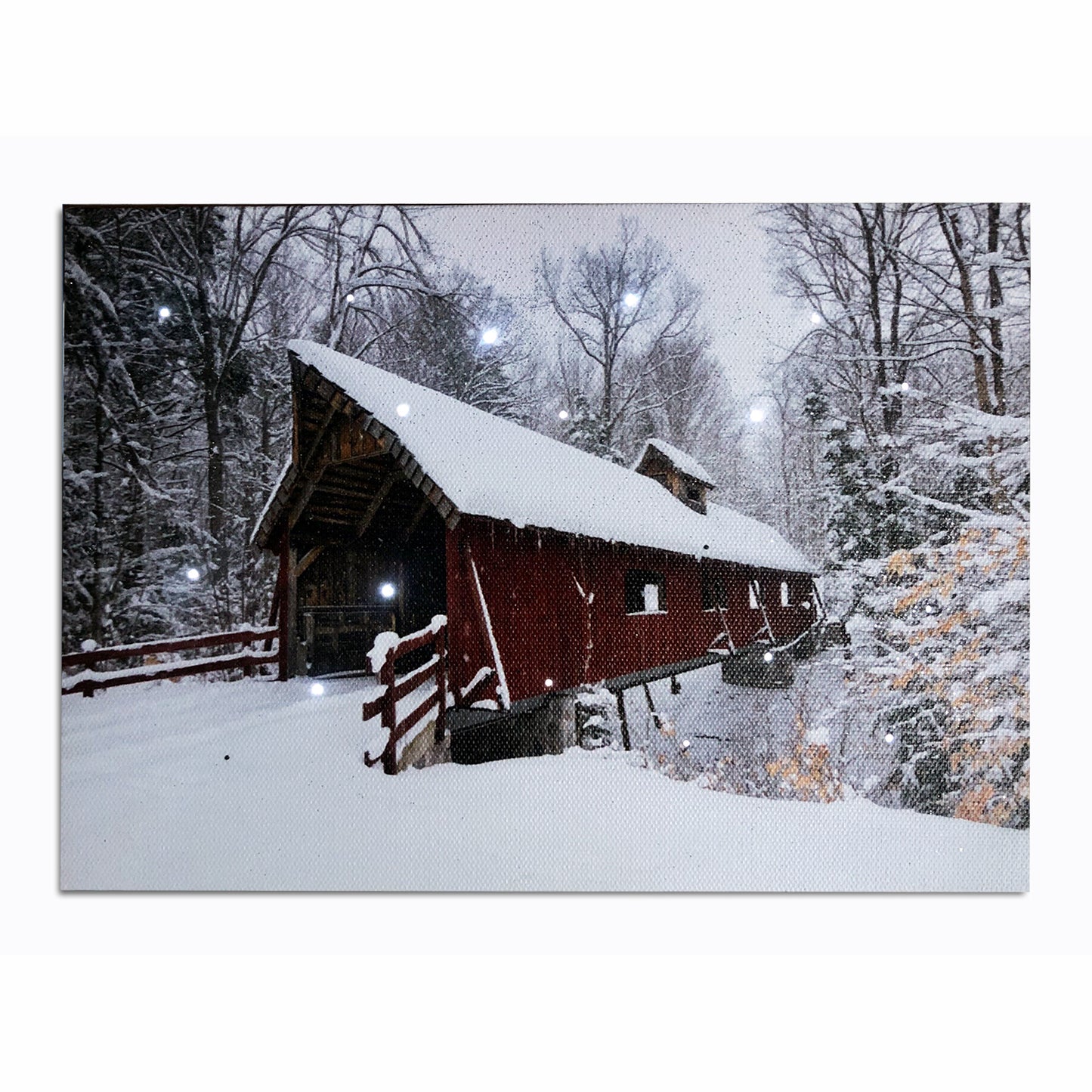 Lighted Red Covered Bridge Canvas art Print w Timer, Optical-fiber LED Winter Snow-Covered Home Decor Artwork, Lighted Pictures