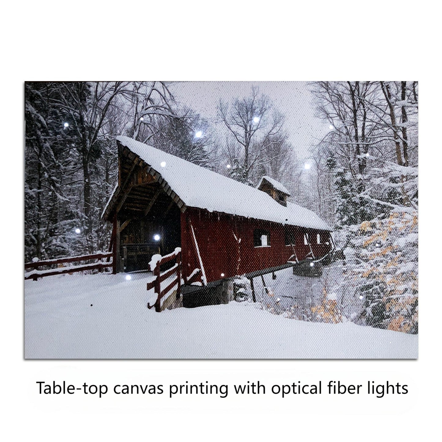 Lighted Red Covered Bridge Canvas art Print w Timer, Optical-fiber LED Winter Snow-Covered Home Decor Artwork, Lighted Pictures
