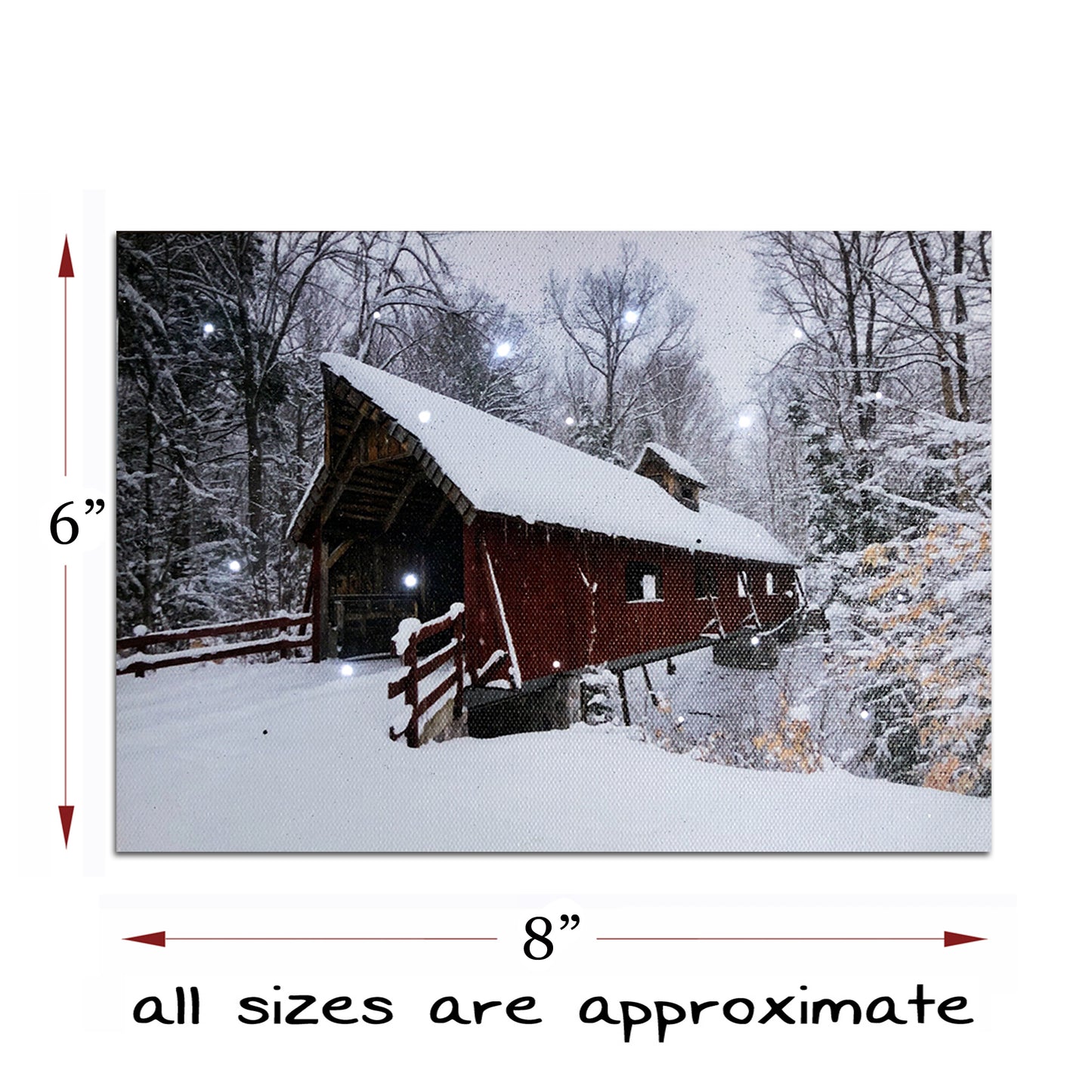 Lighted Red Covered Bridge Canvas art Print w Timer, Optical-fiber LED Winter Snow-Covered Home Decor Artwork, Lighted Pictures