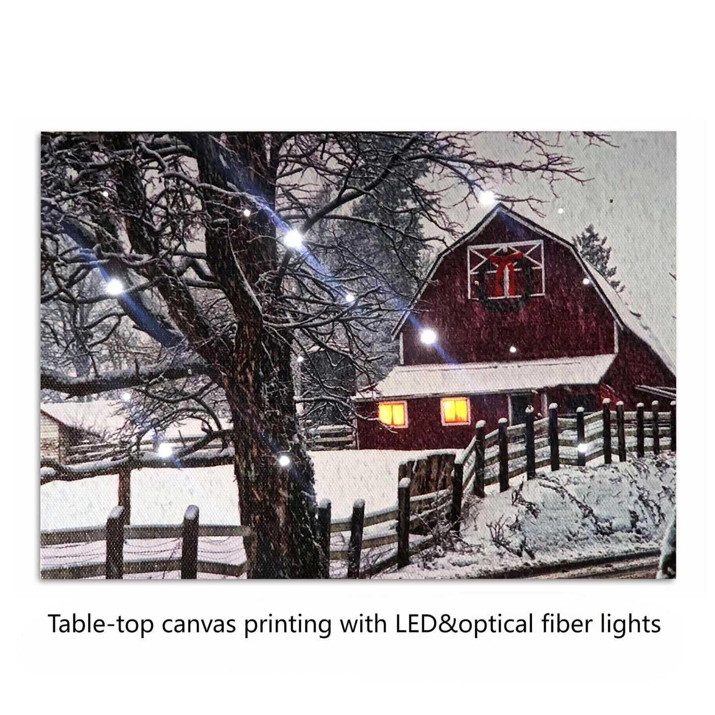LED Tabletop Canvas Art, Cottage with Wood Fence LED Light up Canvas Wall Print Art, Timed Optical-fiber Winter Snowy Countriside Canvas Art Wall Pictures, Lighting Painting for Office Decor