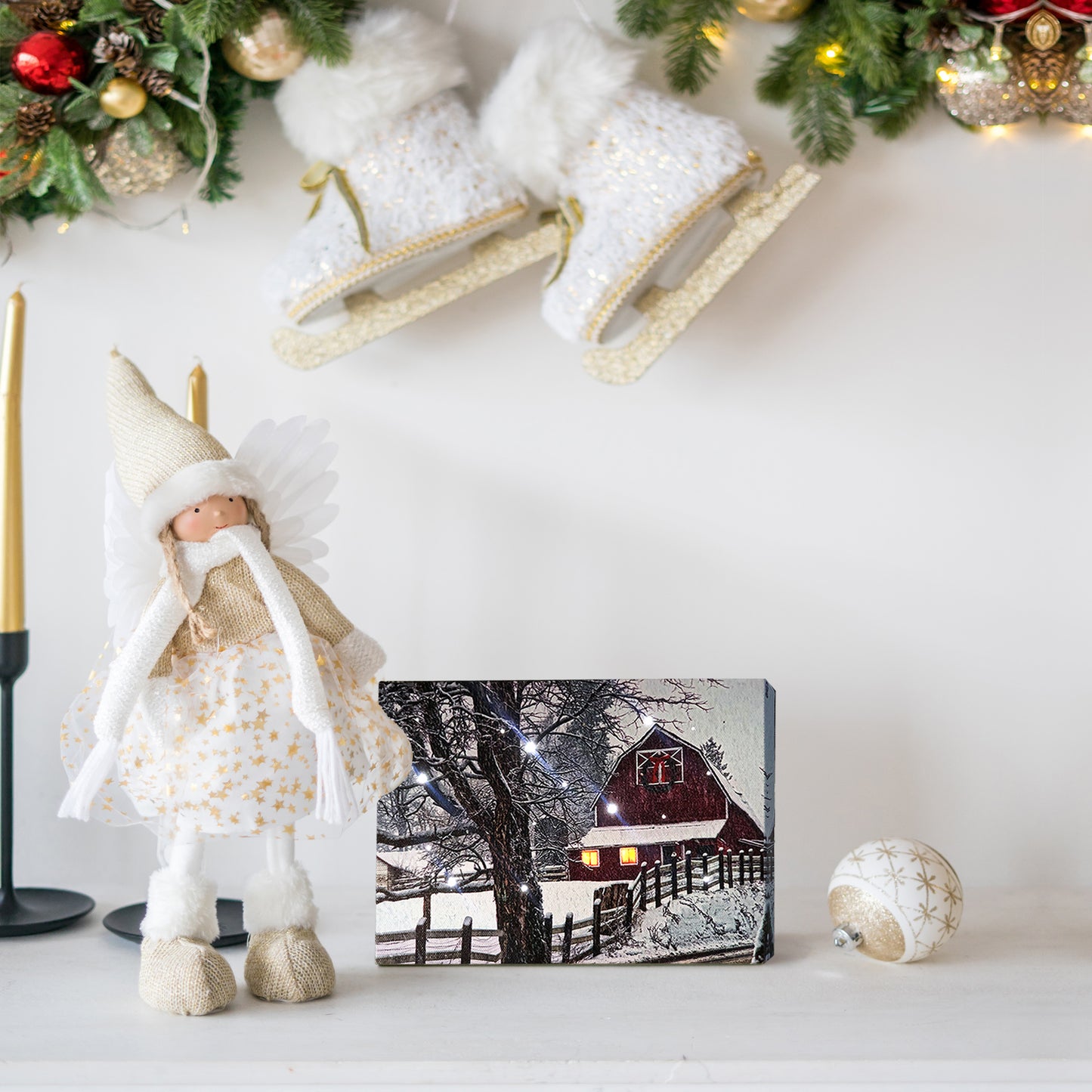 LED Tabletop Canvas Art, Cottage with Wood Fence LED Light up Canvas Wall Print Art, Timed Optical-fiber Winter Snowy Countriside Canvas Art Wall Pictures, Lighting Painting for Office Decor
