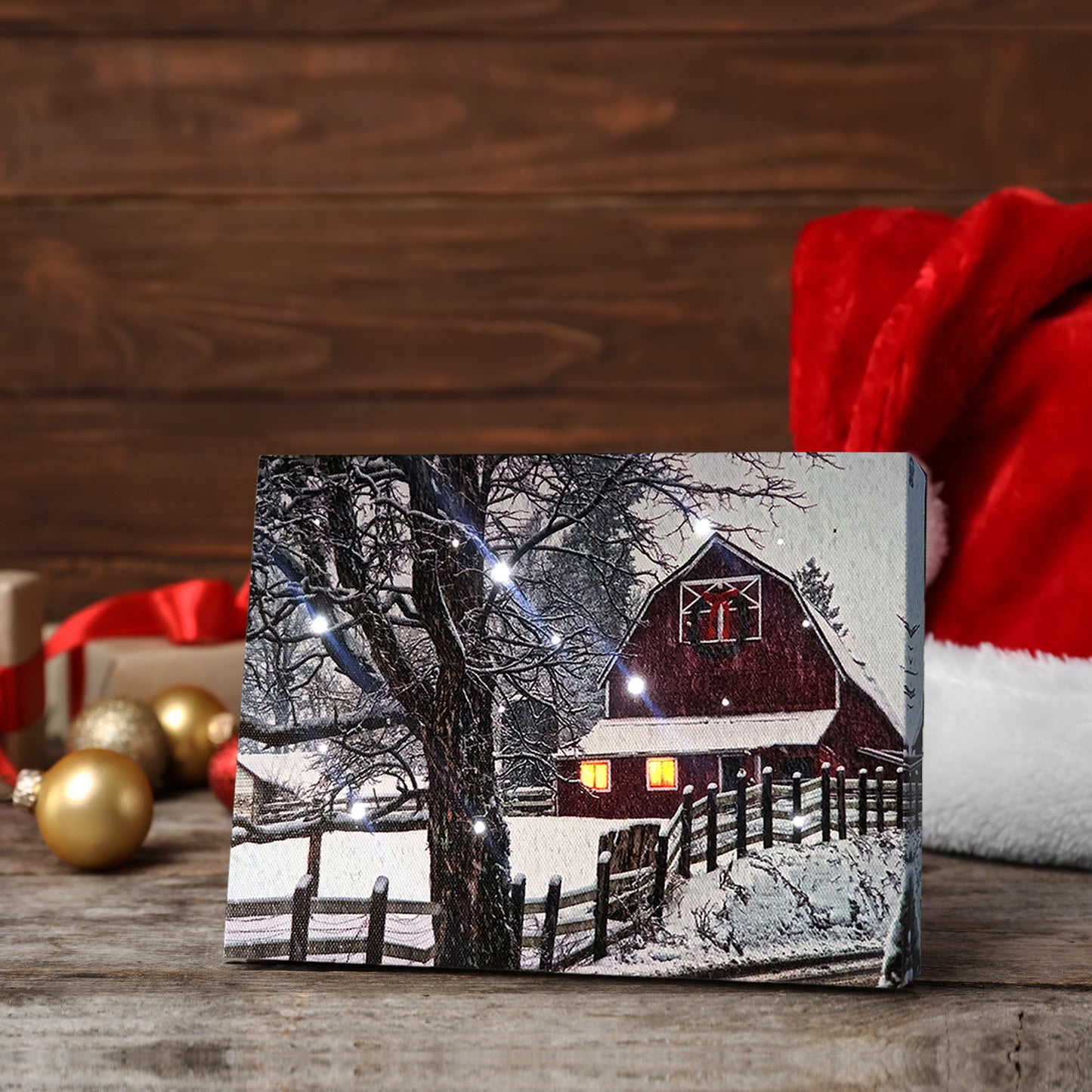 LED Tabletop Canvas Art, Cottage with Wood Fence LED Light up Canvas Wall Print Art, Timed Optical-fiber Winter Snowy Countriside Canvas Art Wall Pictures, Lighting Painting for Office Decor