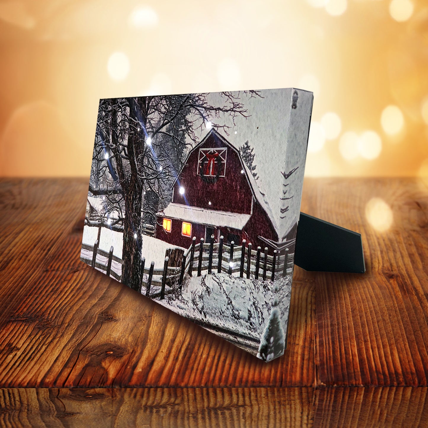 LED Tabletop Canvas Art, Cottage with Wood Fence LED Light up Canvas Wall Print Art, Timed Optical-fiber Winter Snowy Countriside Canvas Art Wall Pictures, Lighting Painting for Office Decor