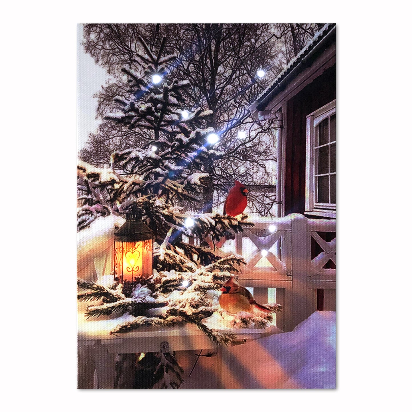 Christmas Winter Scenes LED Art 8"x6" Tabletop Canvas Light up Picture 6 Hour Timer, Cardinal Love Birds with Lantern