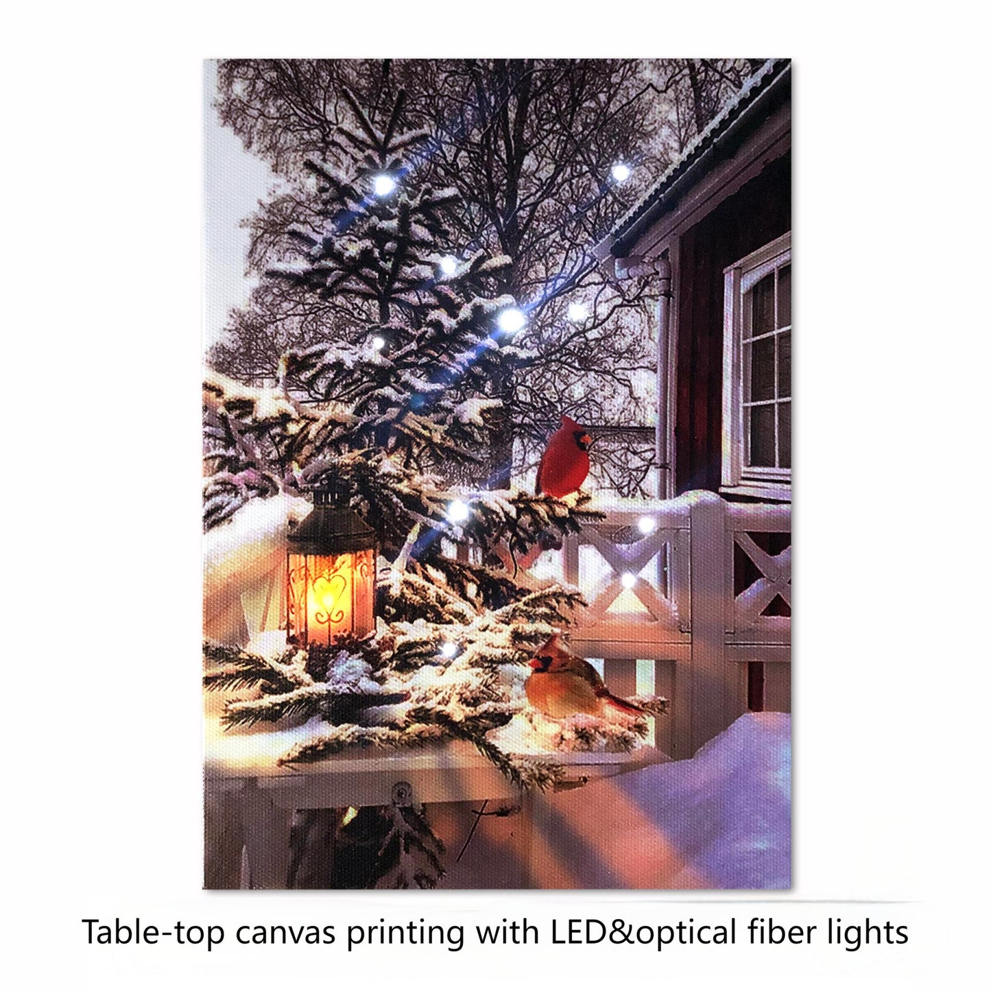 Christmas Winter Scenes LED Art 8"x6" Tabletop Canvas Light up Picture 6 Hour Timer, Cardinal Love Birds with Lantern