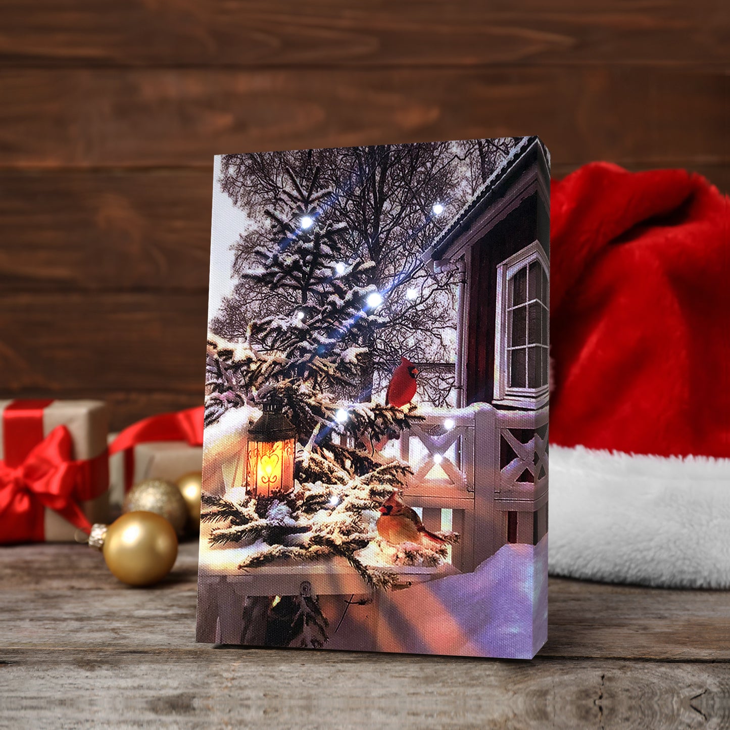 Christmas Winter Scenes LED Art 8"x6" Tabletop Canvas Light up Picture 6 Hour Timer, Cardinal Love Birds with Lantern