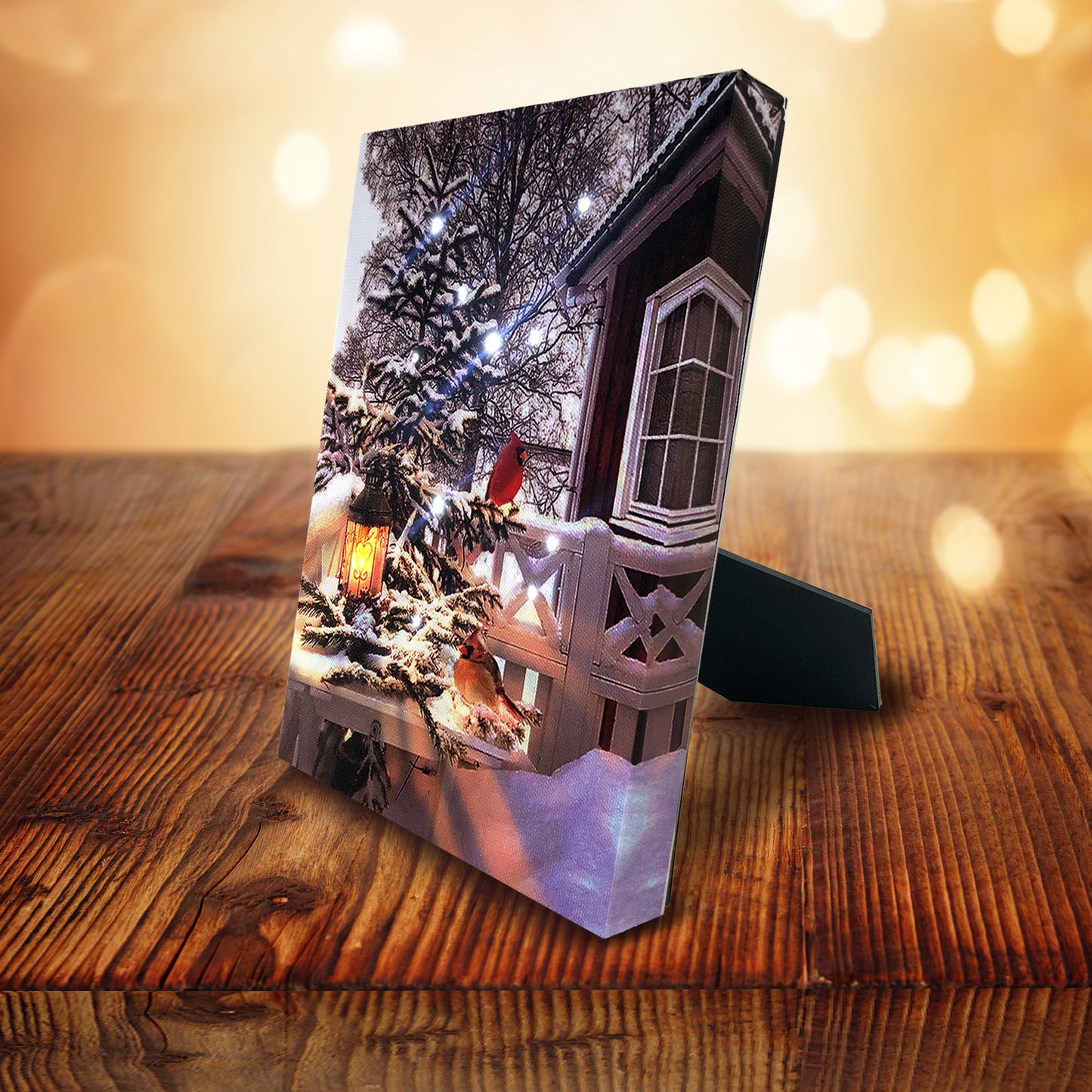 Christmas Winter Scenes LED Art 8"x6" Tabletop Canvas Light up Picture 6 Hour Timer, Cardinal Love Birds with Lantern