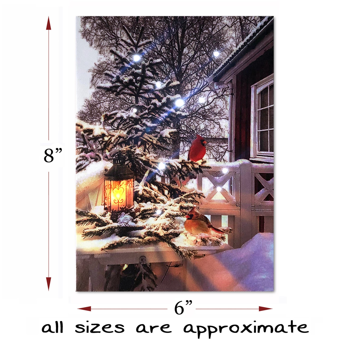 Christmas Winter Scenes LED Art 8"x6" Tabletop Canvas Light up Picture 6 Hour Timer, Cardinal Love Birds with Lantern