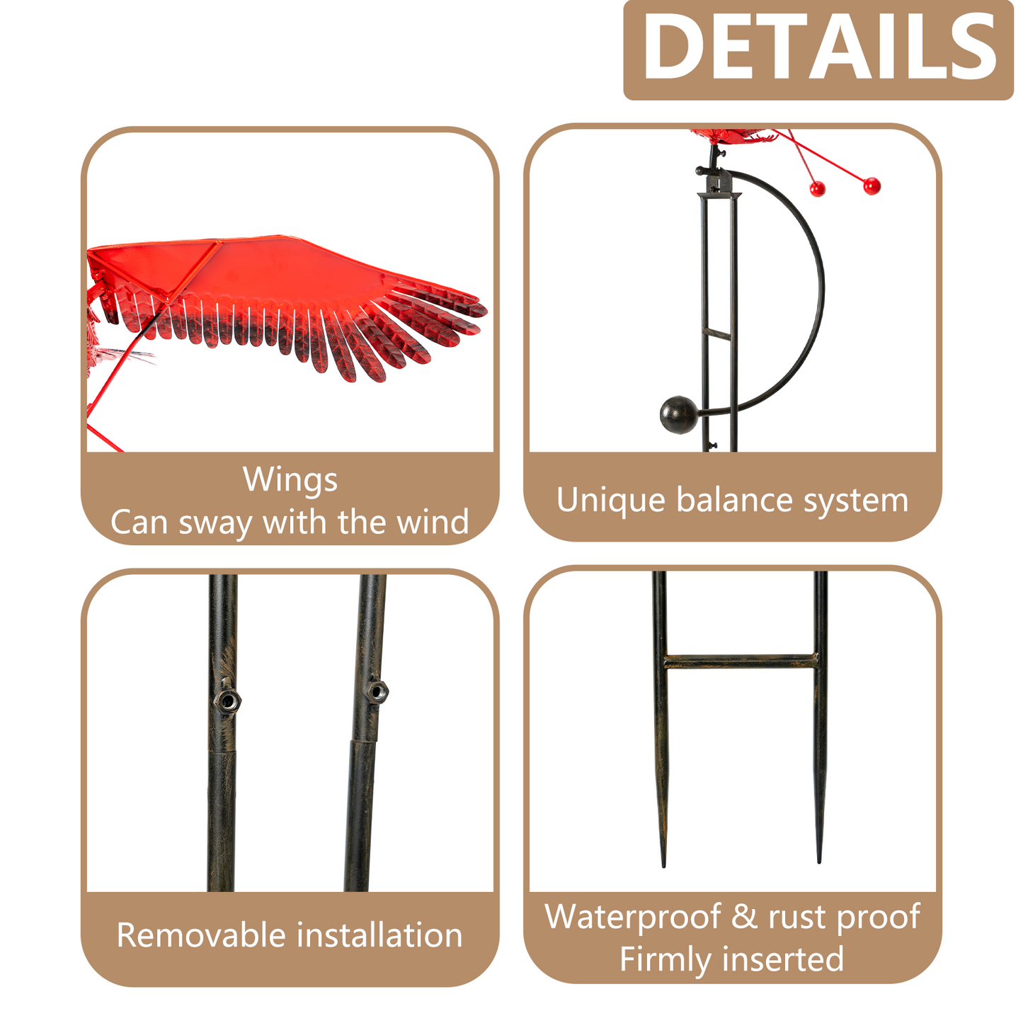 Large Cardinal Rocker Flapping Wings, Metal Garden Stake w Rocking Motion