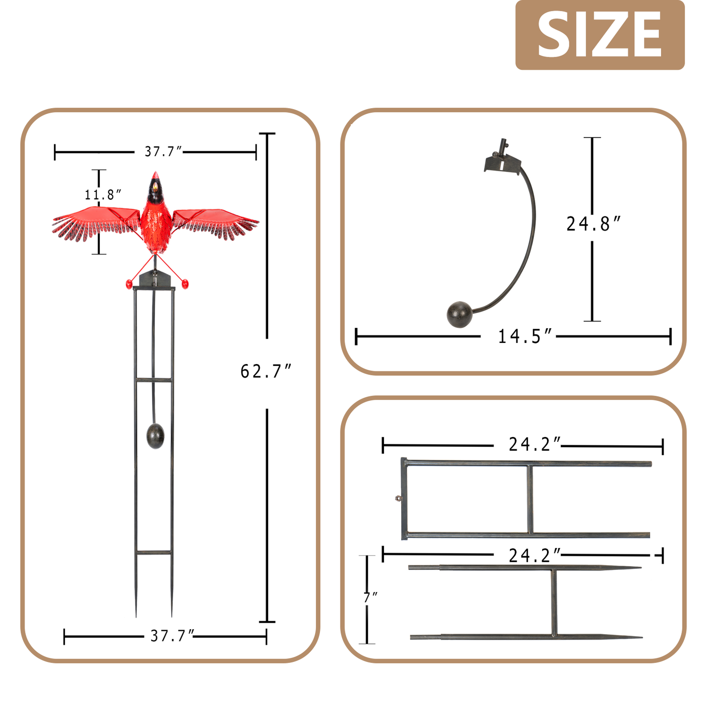 Large Cardinal Rocker Flapping Wings, Metal Garden Stake w Rocking Motion