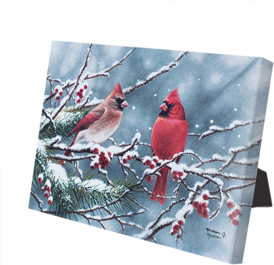 DEMAGNNIE Lighted Christmas Canvas Wall Art w/timer, Luck Cardinal Decor Portrait w/LED Fiber-optic Lights, 8x6in stand frame, Ready to Hang Sympathy Cardinal Gifts, Remembrance Print for Loved Ones