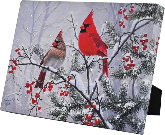 DEMAGNNIE Lighted Christmas Canvas Wall Art with Timer - Fiber Optic LED Lights by Battery, 8"x6" Standing Frame, Ready to Hang Lighted Wall Art Cardinal Gifts for Sympathy, Condolence, Holiday Decor