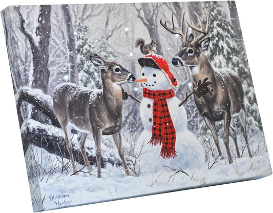 DEMAGNNIE Light Up Snowman Reindeer Painting w/Timing LED & Fiber Optic Twinkling Lights- Lighted Canvas Christmas Pictures 8x6 inches Framed Art Ready to Hang w/Kickstand for Tabletop or Wall Decor