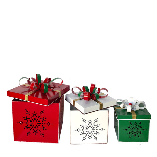 Christmas Home Decor, METAL CHRISTMAS BOX (SET OF 3) 10x10x12 IN