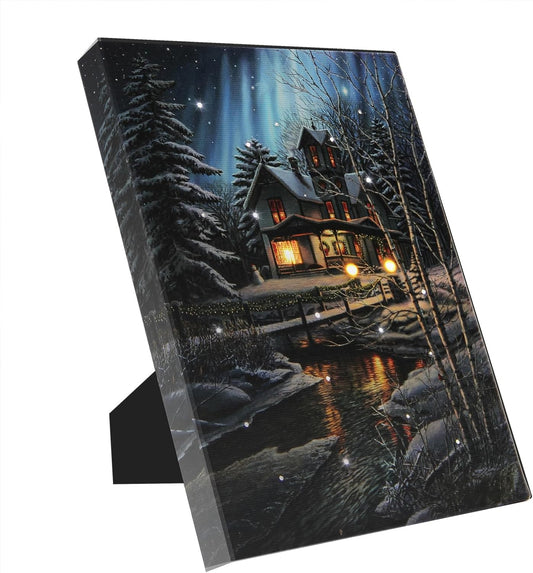 DEMAGNNIE LED Lighted Christmas House Pictures with Timer, Fiber Optic Lights Run by Batteries, Ready to Hang Small Light up Wall Canvas Art Print 8"x6", Lit up Painting Print Art for Sidedesk Decor