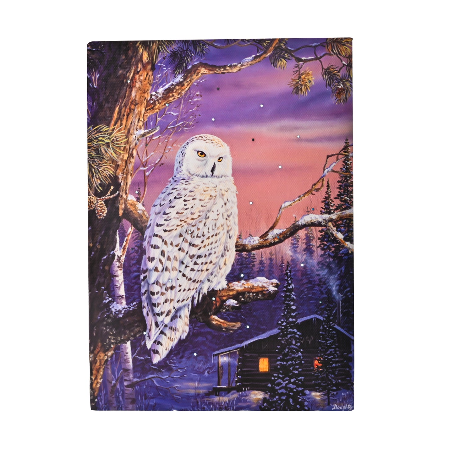 DEMAGNNIE LED Small Light up Christmas Canvas Wall Art w/Snow Owl Pictures Wall Decor 8"x6" Snowy Owl Cabin Winter Scene Paintings Print Lighted Tabletop Canvas w/Timing Fiber-optic Twinkle Lights