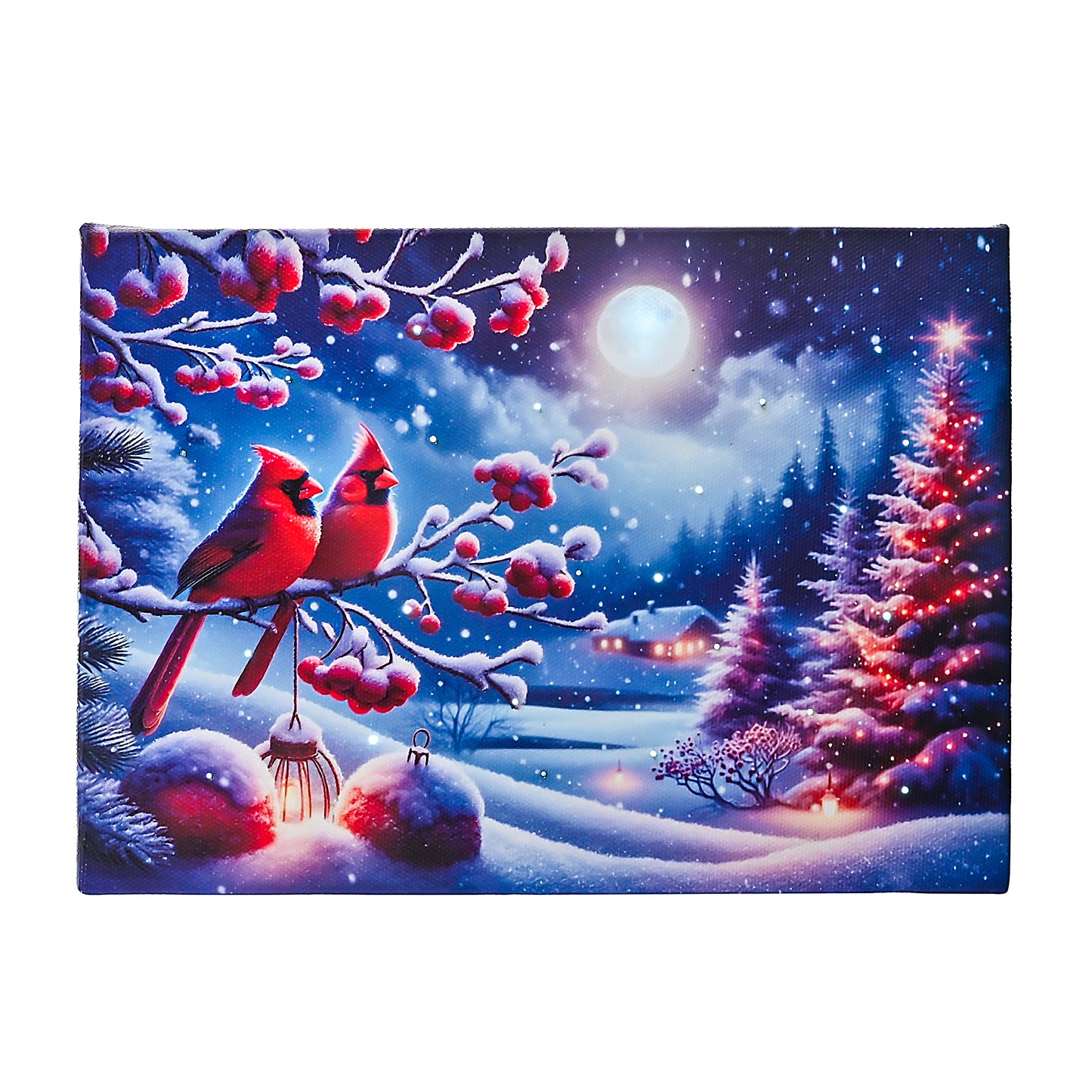 DEMAGNNIE Lighted Christmas Canvas Wall Art with Timer - Fiber Optic LED Lights by Battery, 8"x6" Standing Framed Haning Lighted Pictures Snowy Scene Remember Cardinal Gifts for Sympathy, Condolence