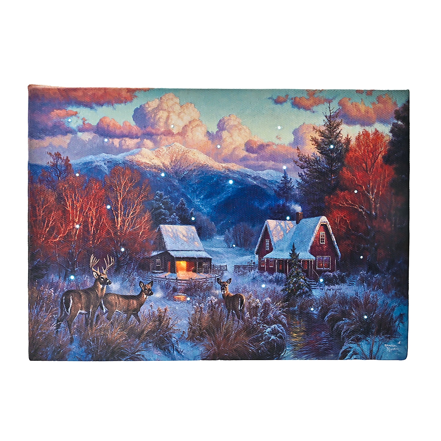 DEMAGNNIE Small Lighted Christmas Wall Art with Timer Twinkling Fiber optic Lights - 6x8in Standing Framed Winter Snowy Scene Canvas Picture Tabletop Decor, Ready to Hang Reindeers Light Up Wall Art