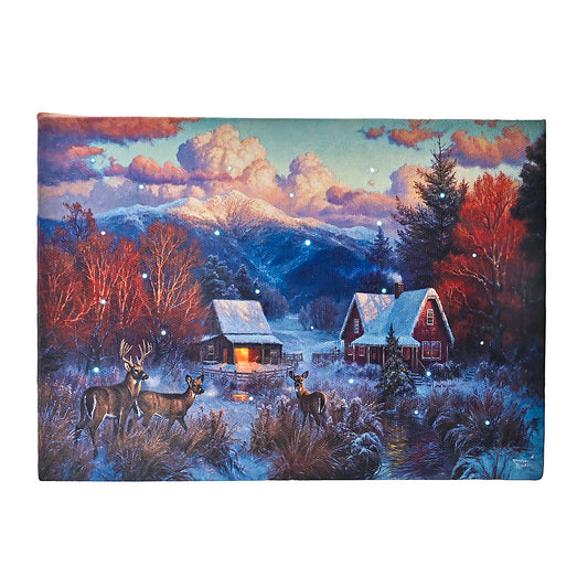DEMAGNNIE Small Lighted Christmas Wall Art with Timer Twinkling Fiber optic Lights - 6x8in Standing Framed Winter Snowy Scene Canvas Picture Tabletop Decor, Ready to Hang Reindeers Light Up Wall Art