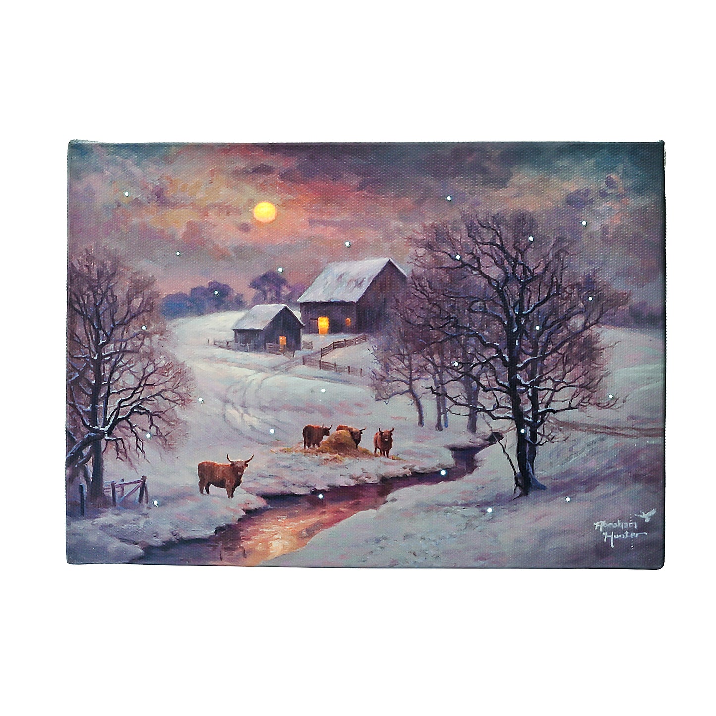 DEMAGNNIE Highlander Lighted Canvas Wall Art - 8x6in Christmas Highland Cow Canvas Poster w/Fiber Optic Lights -Farmhouse Christmas Decor for Nursery Tabletop Wall, LED Cattle Painting Print w/timer