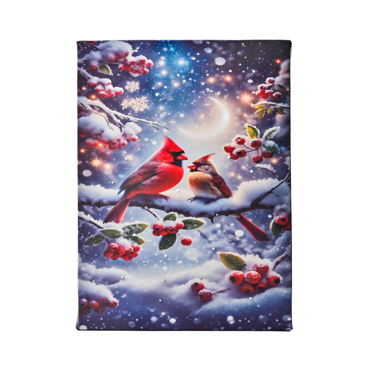 Mini Cardinal Love Lighted Canvas Pictures for Tabletop Decoration, Winter Snowy Landscape Light Up Paintings Print for Desk Shelf, Timer Fiber-optic Build-in Run by Batteries, Ready to Hang Design