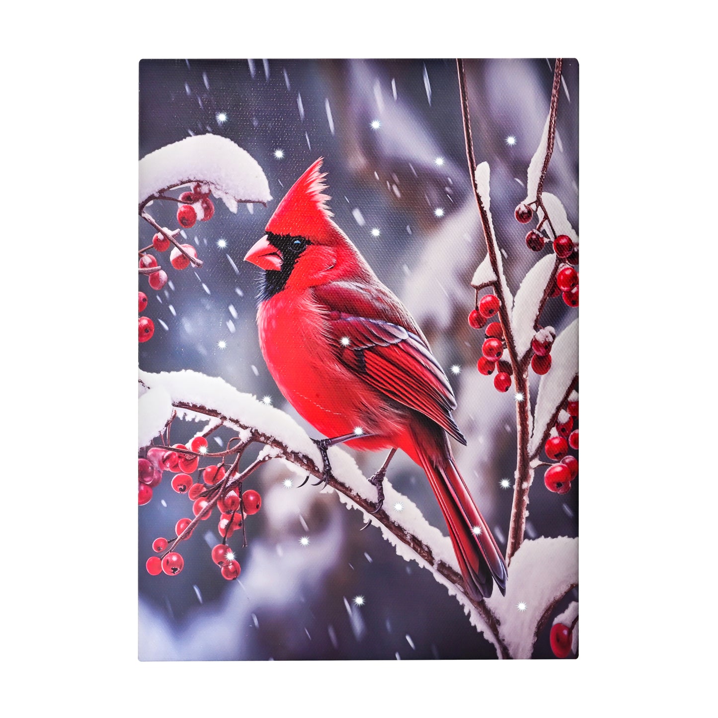 DEMAGNNIE Winter Snowy Scene LED Canvas Pictures w/Timer - 8x6in Standing Framed Light Up Painting Prints- Red Cardinal on Berry Branch, Fiber-optic Lighted Christmas Canvas Print Small for Tabletop