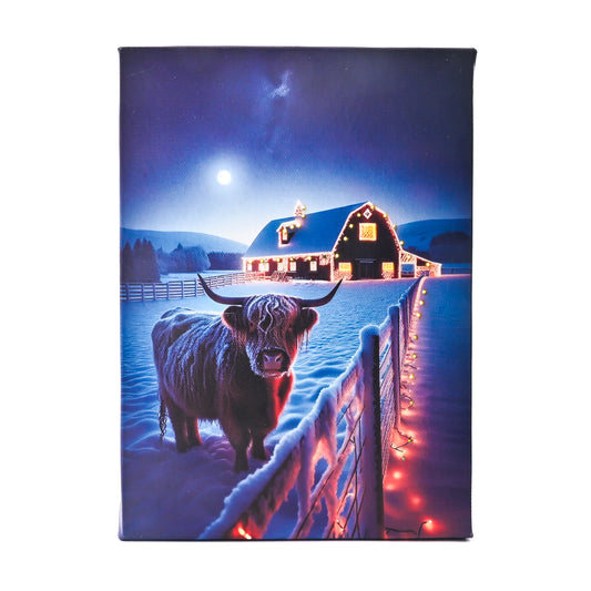 DEMAGNNIE LED Lighted Highland Cow Decor Pictures - 8x6in Framed Small Canvas Wall Art w/Fiber Optic Lights Ready to Hang for Nursery Tabletop Wall Decor, Christmas Cattle Painting Print w/timer