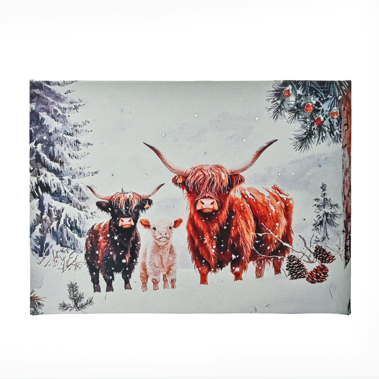 LED Highland Cattle Cow Calf 6X8 Horizontal Lighted Picture Winter Animal Portrait w/ Fiber-optic Lights Build-in w/ Timer that Run by Batteries, Ready to Hang for Wall w/ Kickstand for Tabletop Decor