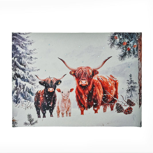 LED Highland Cattle Cow Calf 6X8 Horizontal Lighted Picture Winter Animal Portrait w/ Fiber-optic Lights Build-in w/ Timer that Run by Batteries, Ready to Hang for Wall w/ Kickstand for Tabletop Decor