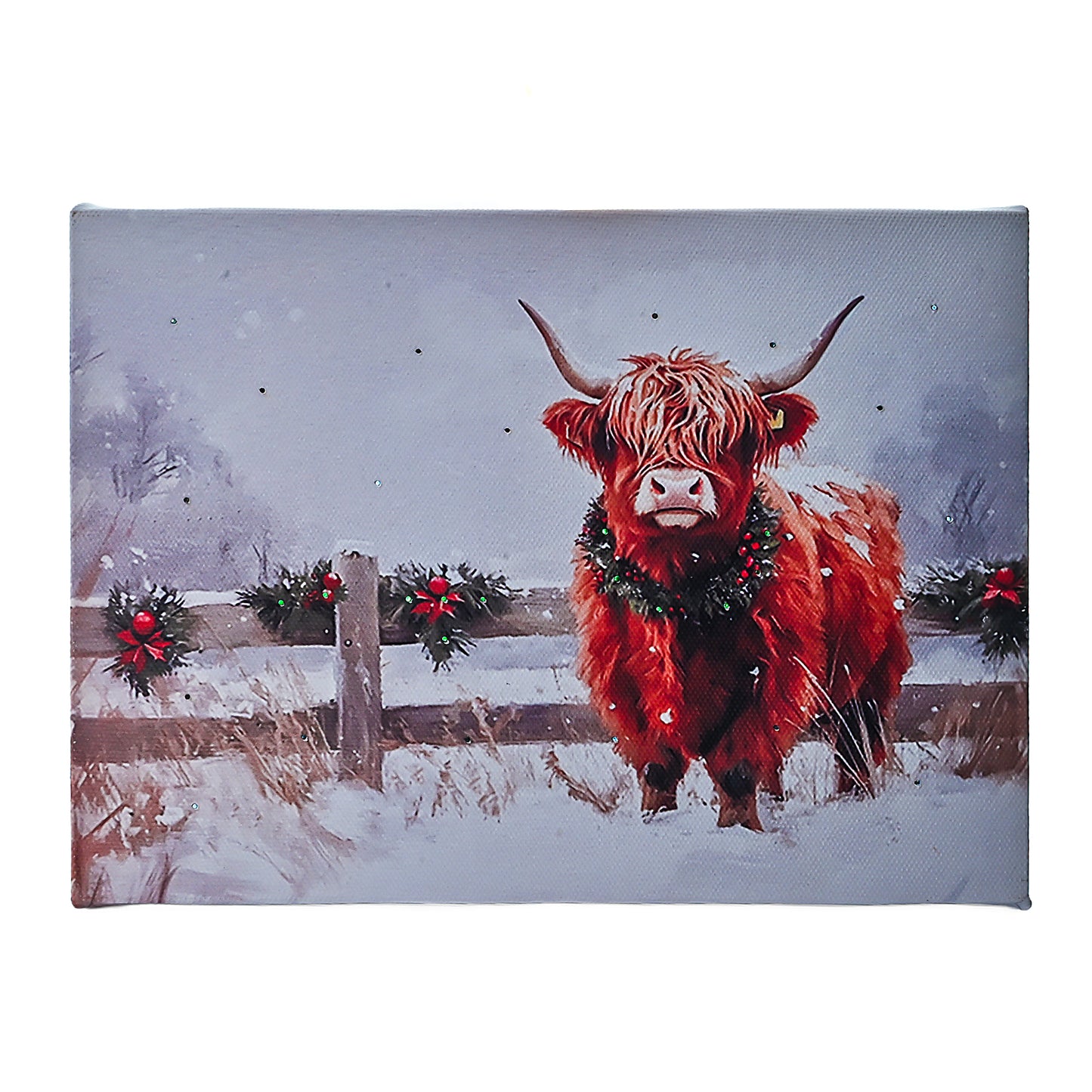 LED Highland Cow Lighted Christmas Paintings Print with Timer, Farmhouse Western Animal Portrait w/ Twinkle Fiber-optic Lights Run by Batteries - 8x6in Winter Cattle Pictures for Wall Tabletop Decor