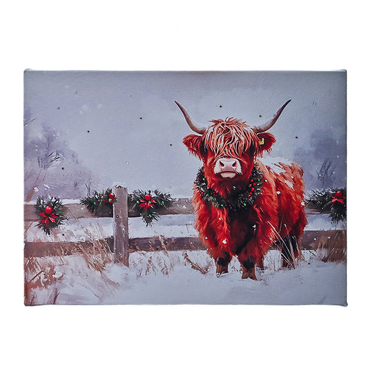 LED Highland Cow Lighted Christmas Paintings Print with Timer, Farmhouse Western Animal Portrait w/ Twinkle Fiber-optic Lights Run by Batteries - 8x6in Winter Cattle Pictures for Wall Tabletop Decor