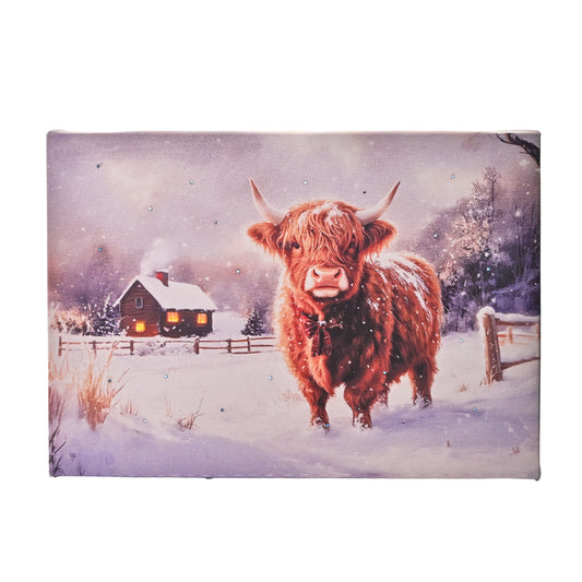 LED Lighted Highlander Heifer Cow Canvas Pictures w/ Timer Twinkling Fiber-optic Run by Batteries, Farm Ranch Winter Landscape 8"x6" Tabletop Shelf Decor Light Up Painting Print, Xmas Gifts to Farmer