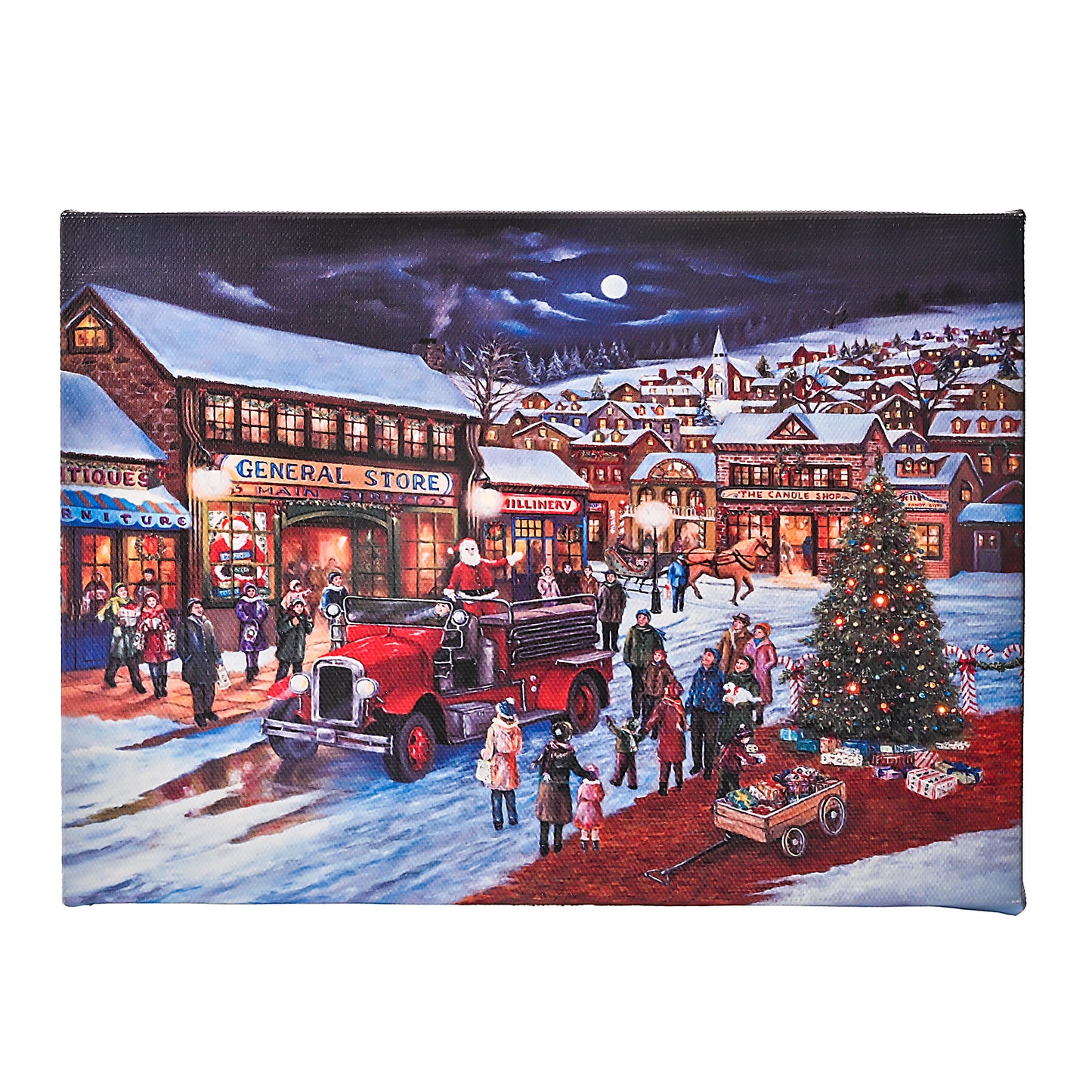 DEMAGNNIE Merry Christmas Optic-fiber LED Light Up Canvas Picture 6H Timing, Santa Claus on Red Truck Poster, Ready to Hang Wall Print Art, 8x6in Standing Framed Small Paintings Tabletop Decor Gifts