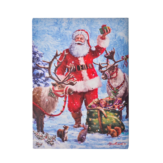 DEMAGNNIE 8"x6" LED Lighted Christmas Wall Art w/Timer, Twinkling Fiber optic Christmas Decorations, Light up Santa Picture w/Deer Trees Winter Snowy Scene, Small Lighted Xmas Tabletop Canvas Prints