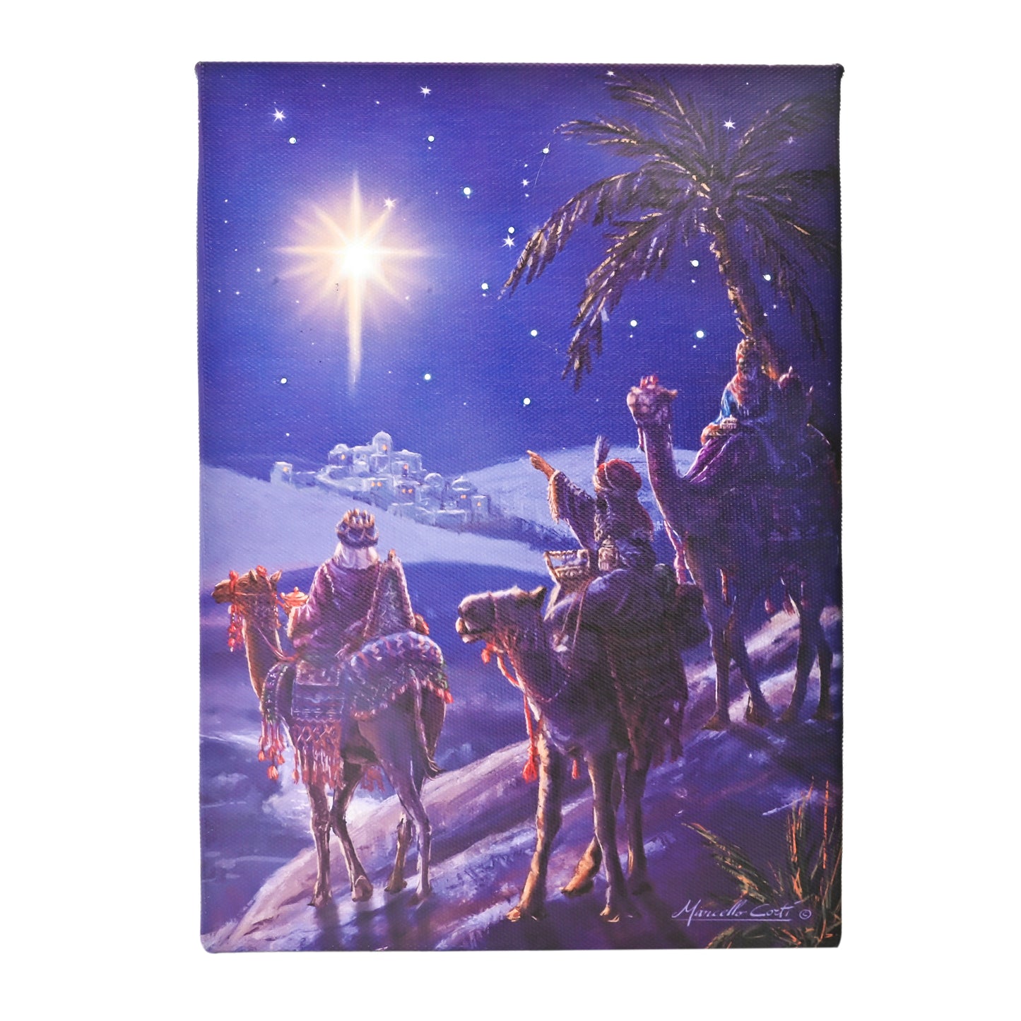 DEMAGNNIE Journey of Three Kings Light Up Tabletop Holiday Pictures w/Timer LED Fiber optic Canvas Wall Art 8"x6" w/Kickstand for Desk Shelf, Nativity Lighted Canvas Christmas Pictures Wall Decor