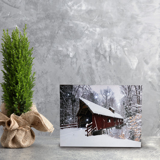 Lighted Red Covered Bridge Canvas art Print w Timer, Optical-fiber LED Winter Snow-Covered Home Decor Artwork, Lighted Pictures