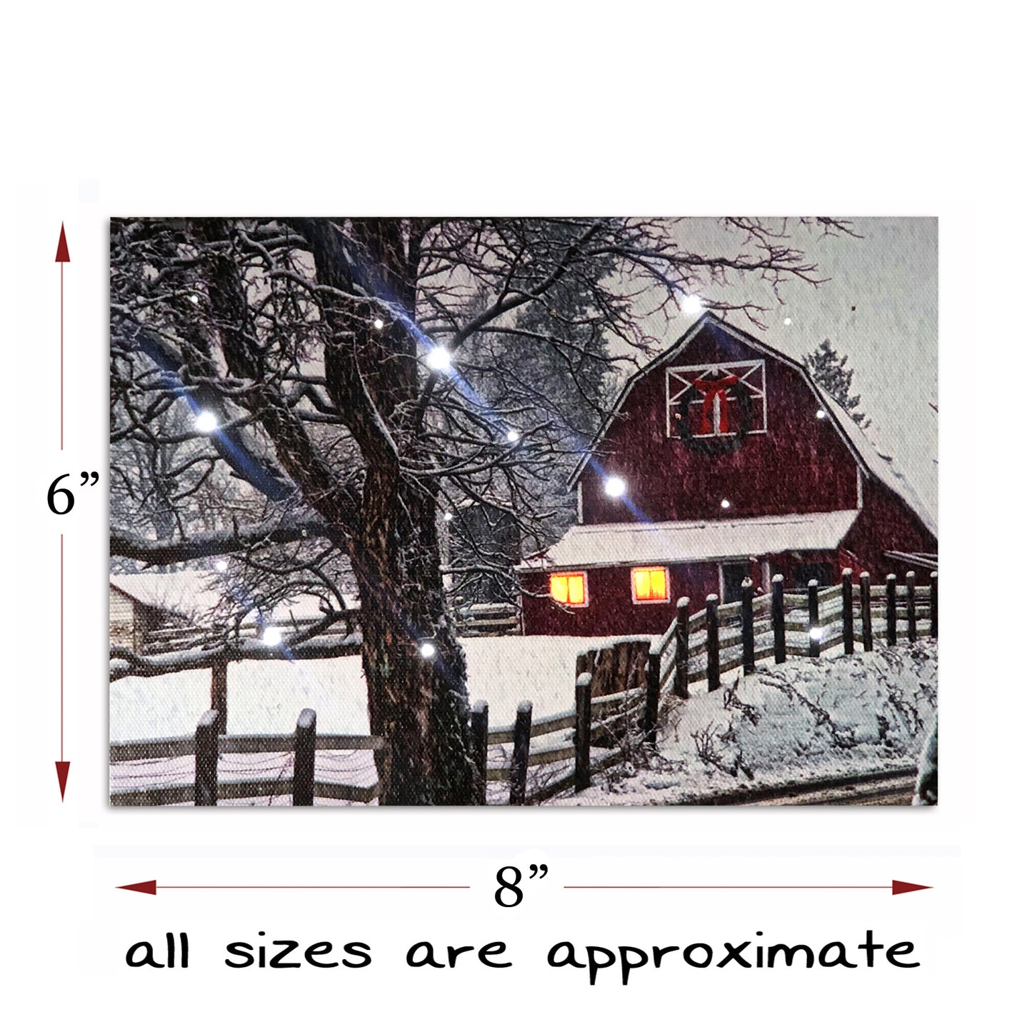 LED Tabletop Canvas Art, Cottage with Wood Fence LED Light up Canvas Wall Print Art, Timed Optical-fiber Winter Snowy Countriside Canvas Art Wall Pictures, Lighting Painting for Office Decor