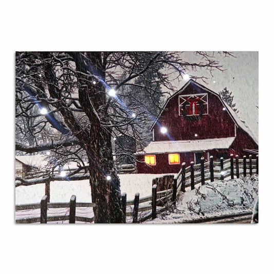 LED Tabletop Canvas Art, Cottage with Wood Fence LED Light up Canvas Wall Print Art, Timed Optical-fiber Winter Snowy Countriside Canvas Art Wall Pictures, Lighting Painting for Office Decor