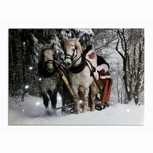 Lighted Canvas Tabletop Art, Timed Optical-fiber LED Horse Drawn Sleigh with Snowman Wall Print, Snow Covered Home Décor Artwork Horse Pictures, Wall Decor Light Up Canvas Painting