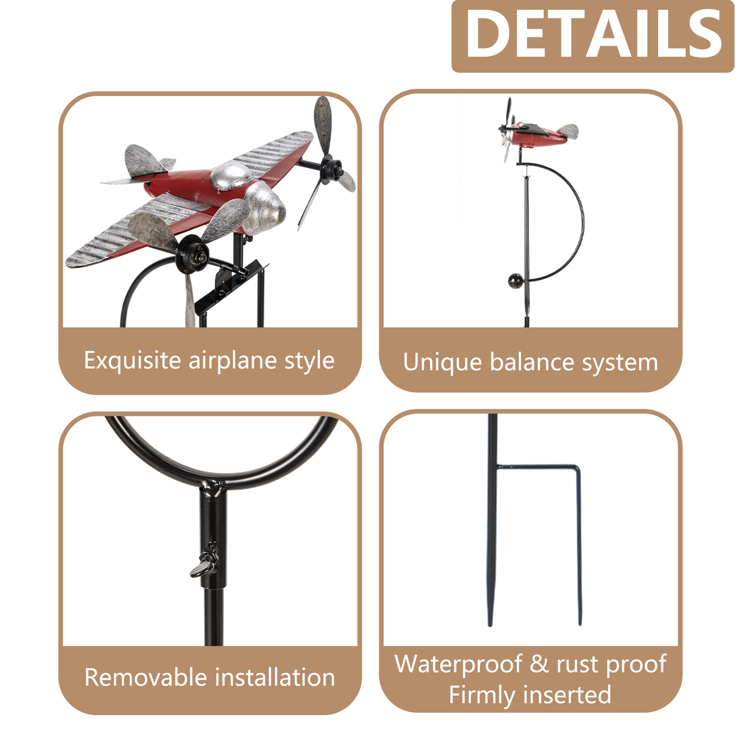 Airplane Wind Spinner w 2 Propellers / Metal Garden Stakes/ Windmill Weather Vane-Rotates in Wind